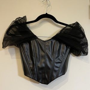 Black off the shoulder leather and tulle corset top
